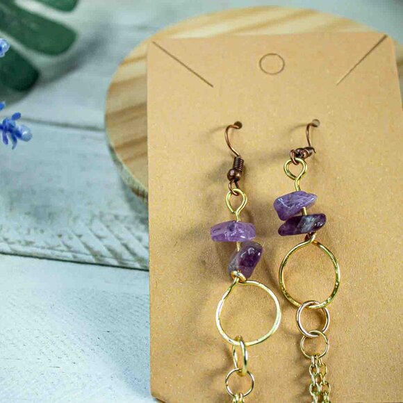 Amethyst Chip Earrings with 14k Gold Dangle Chain and Gold Hoop Drop - Picture 6 of 15